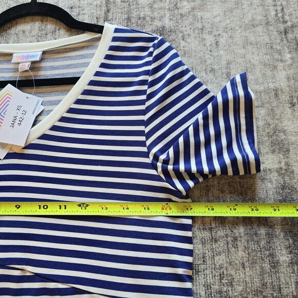 Lularoe Tunic Top Women XS Blue White Striped Jana Short Sleeve High Low Hem NEW - Picture 7 of 10